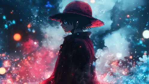 Anime boy in red hat stands in glowing cosmic clouds.