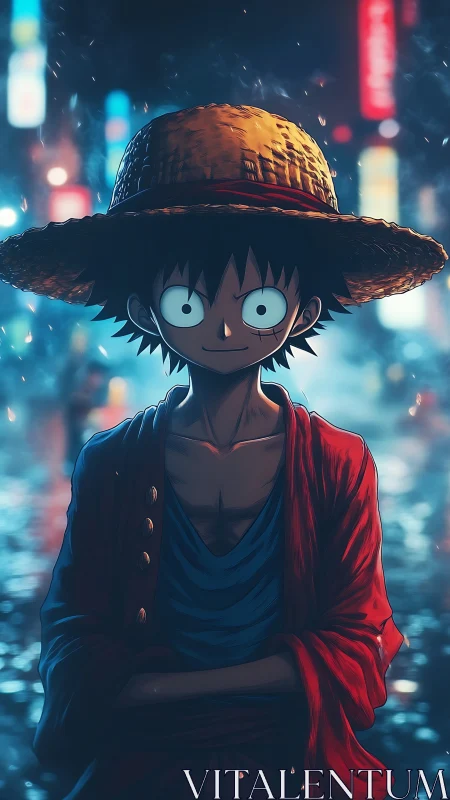 Straw hat youth in neon city rain, cinematic anime portrait.