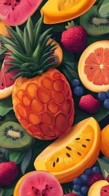 Fruit carnival swirls around a pineapple crowned in neon gloss