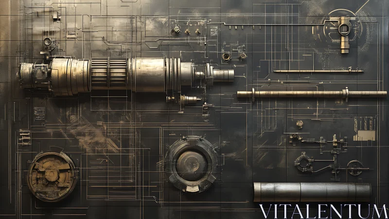 Industrial cylindrical mechanism exploded across schematic grid plane