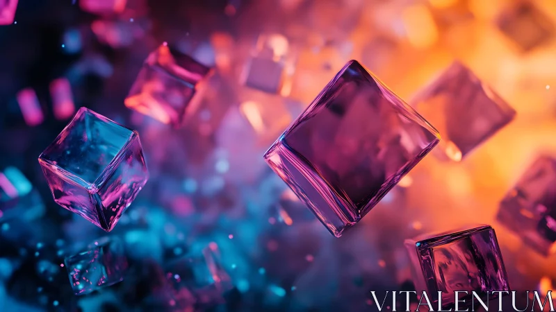 Vibrant 3D Glass Cubes Floating in Abstract Neon Light Scene.