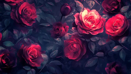 Layered rose composition with backlighting and dark foliage background.