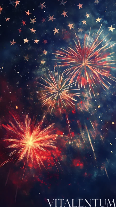 Firework bursts and star shapes occupy a dark night sky