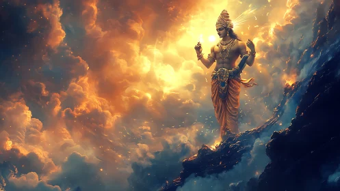 Solar-clad deity walks the molten clouds between worlds.