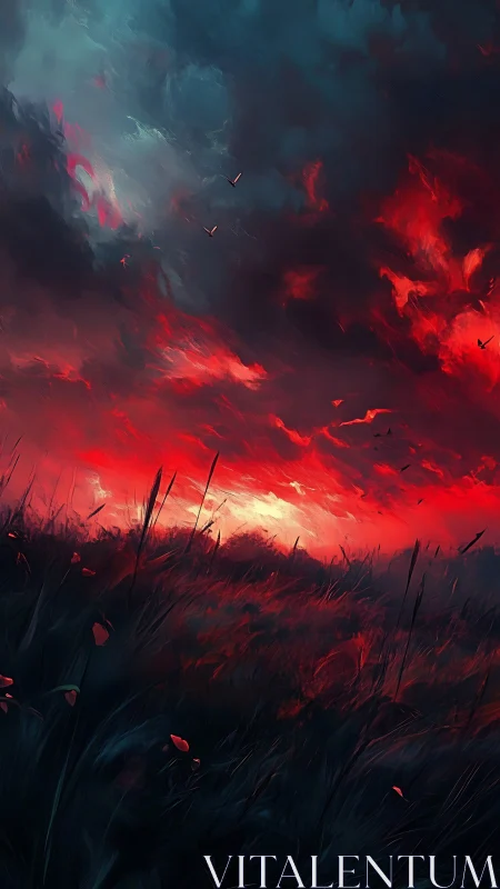 Stormy red sunset sky over dark grass field landscape.