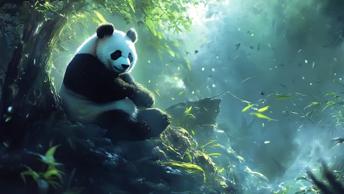 Digitally rendered panda sits on mossy rocks amid bamboo