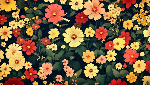 Vibrant Floral Garden Pattern Against Dark Background.