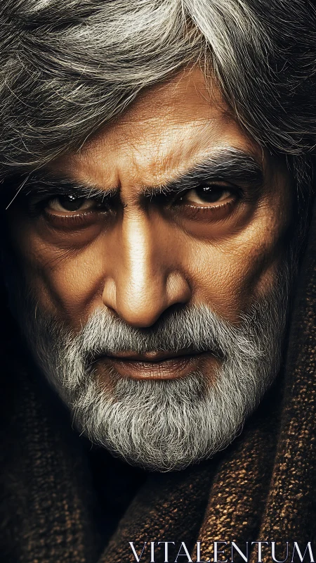 Weathered gaze of a wise elder wrapped in quiet strength.