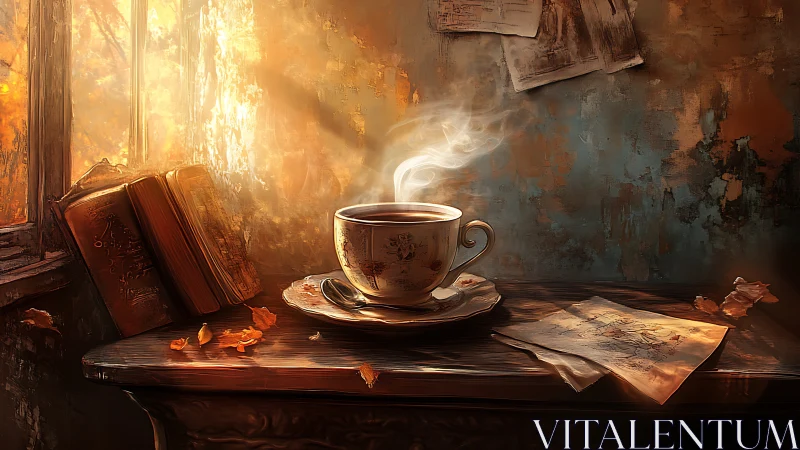 Steaming teacup on wooden table by window with books.