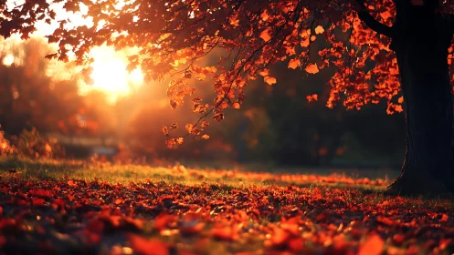Sunlit autumn tree frames ground covered in fallen leaves