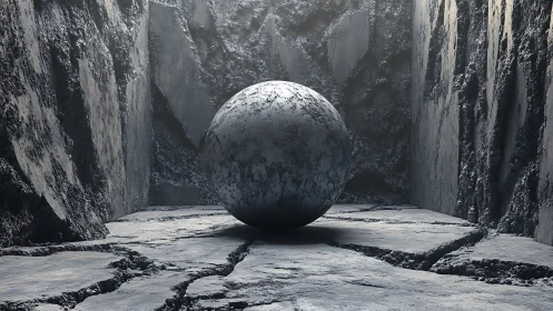 Textured stone sphere within fractured monolithic chamber.
