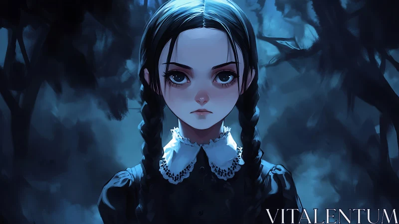 Gothic anime girl with braids in moody blue forest night.