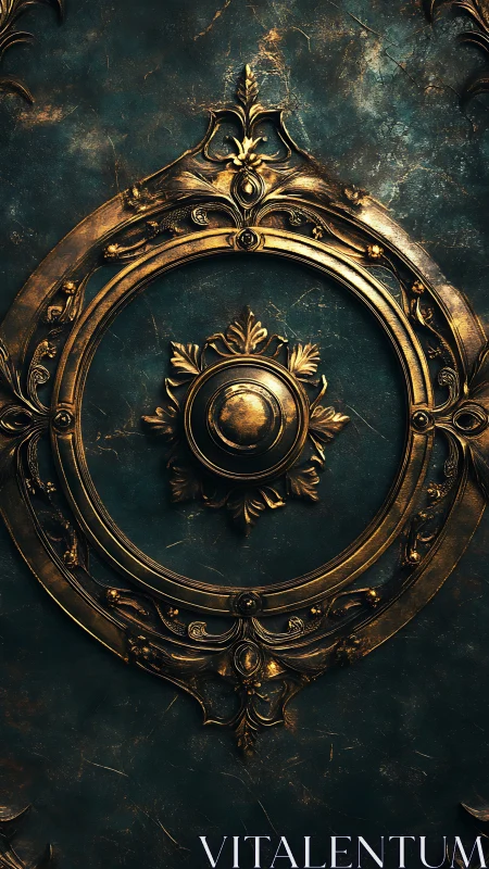 Ornate gilded medallion rests on weathered teal panel.