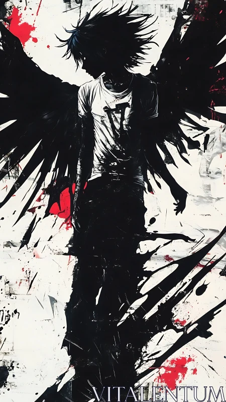 Silhouetted dark angel figure rendered in high-contrast splatter art