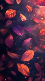 Glowing autumn leaves drifting gently through soft twilight.