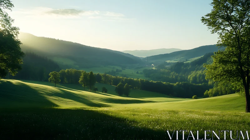 Sunlit valley meadow rolls toward distant forested hills