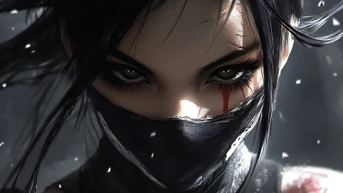 Digital painting close-up of masked avenger with scarred gaze.