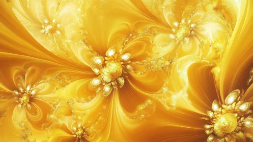 Golden fractal blooms swirling in radiant liquid light dreamscape.