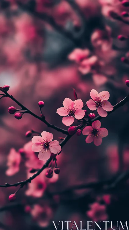 Pink blossoms bloom on dark branches in moody spring atmosphere.