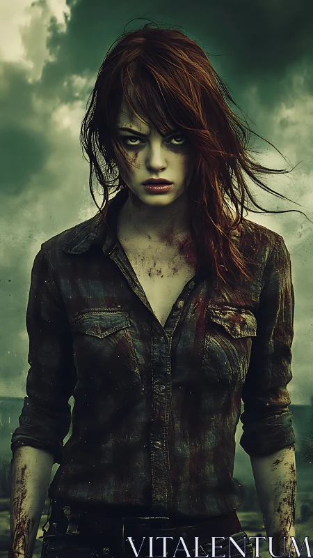 Grim red haired survivor in bloodstained shirt stands firm.