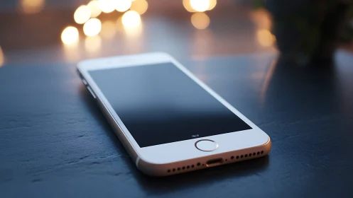 White smartphone rests on dark surface with golden bokeh lighting.