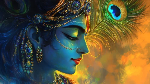 Blue-hued divine profile with jeweled crown and peacock plume
