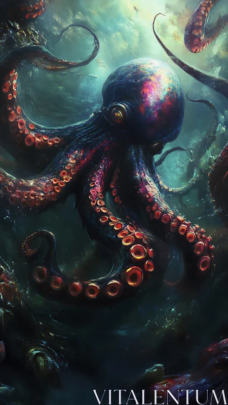 Massive bioluminescent octopus in deep dark ocean scene.