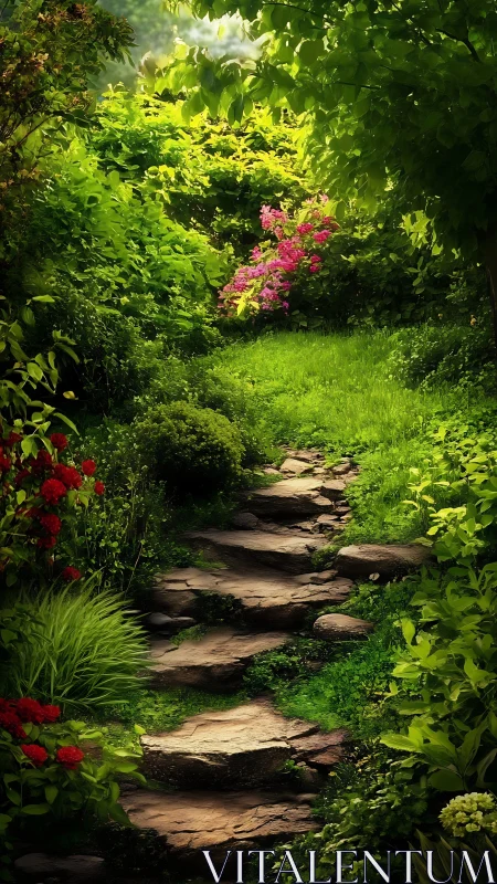 Sunlit stone garden path framed by lush flowering foliage.