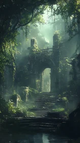 Digital painting of overgrown ruin with misty stone archway.