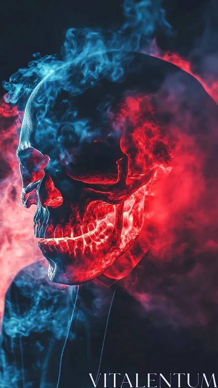 Neon skull in smoke, a dreamy dance of fire and frost.