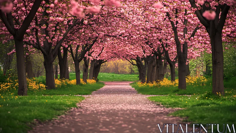 Cherry blossom pathway lined with pink flowering trees.
