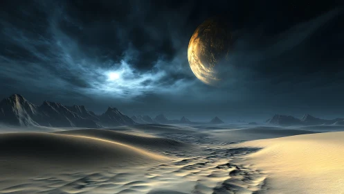 Luminous dunes under a brooding alien moonrise hush.