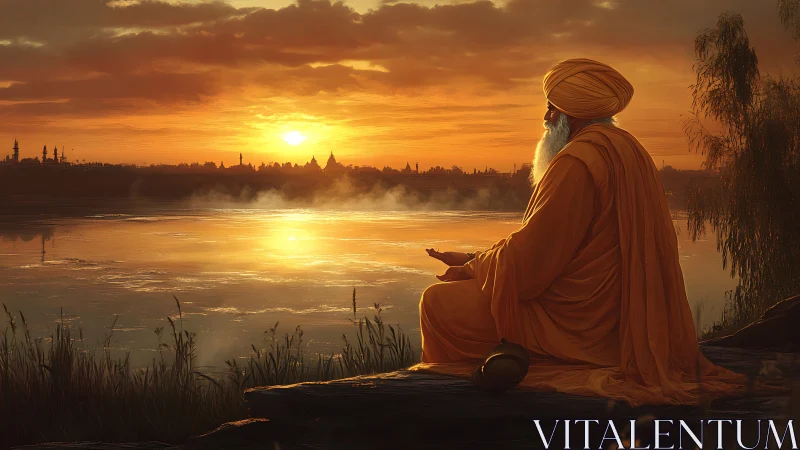 Sunlit sage in saffron robes greeting the river’s quiet glow.