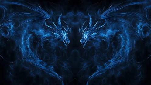 Twin spectral blue dragons in mirrored formation.