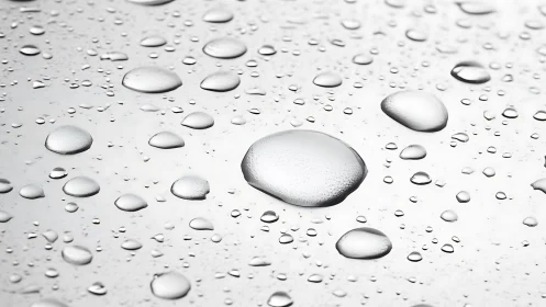 Water droplets on reflective glass surface under soft light.