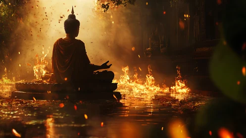 Meditating Buddha silhouette above burning reflective water.
