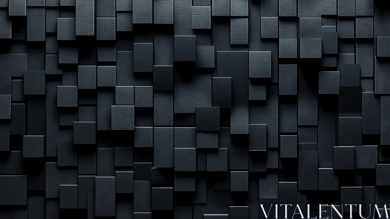 3D staggered black cube relief wall in minimal geometric composition.