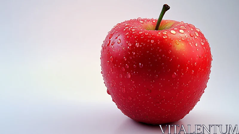 Red apple with water droplets on soft gradient background.