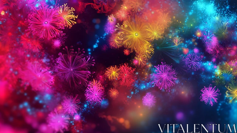 Vivid abstract bursts of neon floral light in deep space.