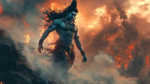 Mythic blue deity strides through storm and fire clouds.