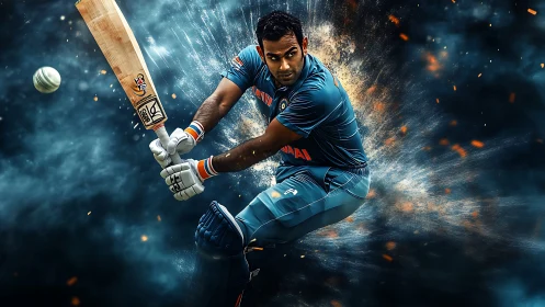 Cricket batter exploding into a powerful, game-winning shot.