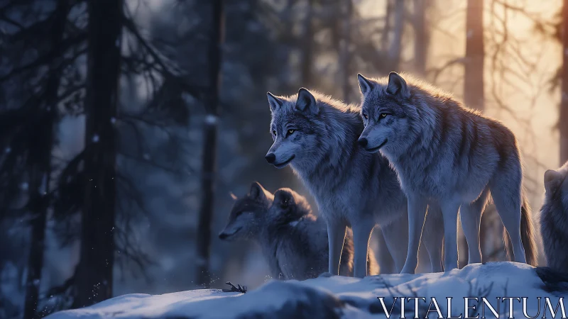 Four wolves stand in snowy conifer forest during low light