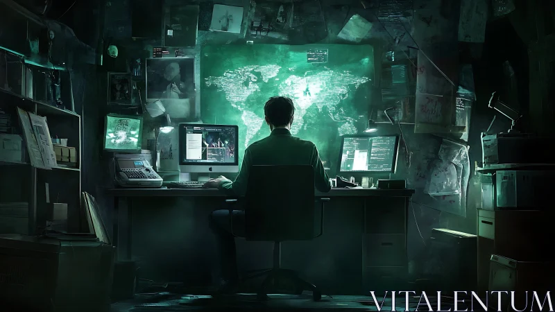 Cyberpunk command hub with holographic world map interface.