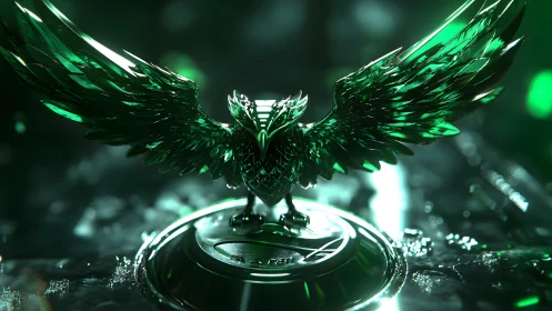 Emerald Glass Owl Statue with Outstretched Wings in Futuristic Style.