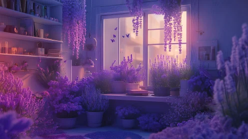 Indoor workspace filled with purple potted flowers at dusk.