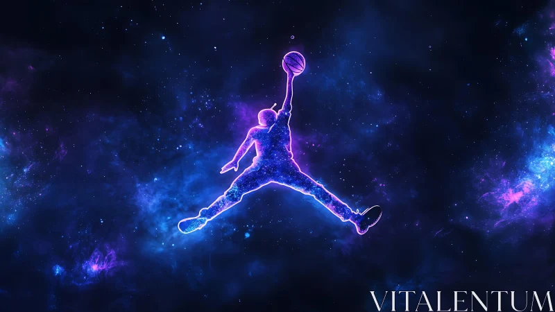 Silhouette of basketball player in neon cosmic jump pose.