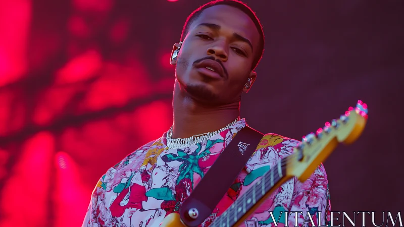 Stage-lit guitarist in shallow depth-of-field red concert lighting