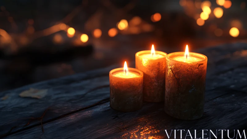 Three burning pillar candles stand on a weathered wood surface