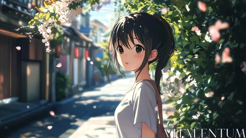 Sunlit lane portrait with shallow-depth anime lighting study.