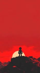 Childlike silhouette watches a blazing red planetary sunset